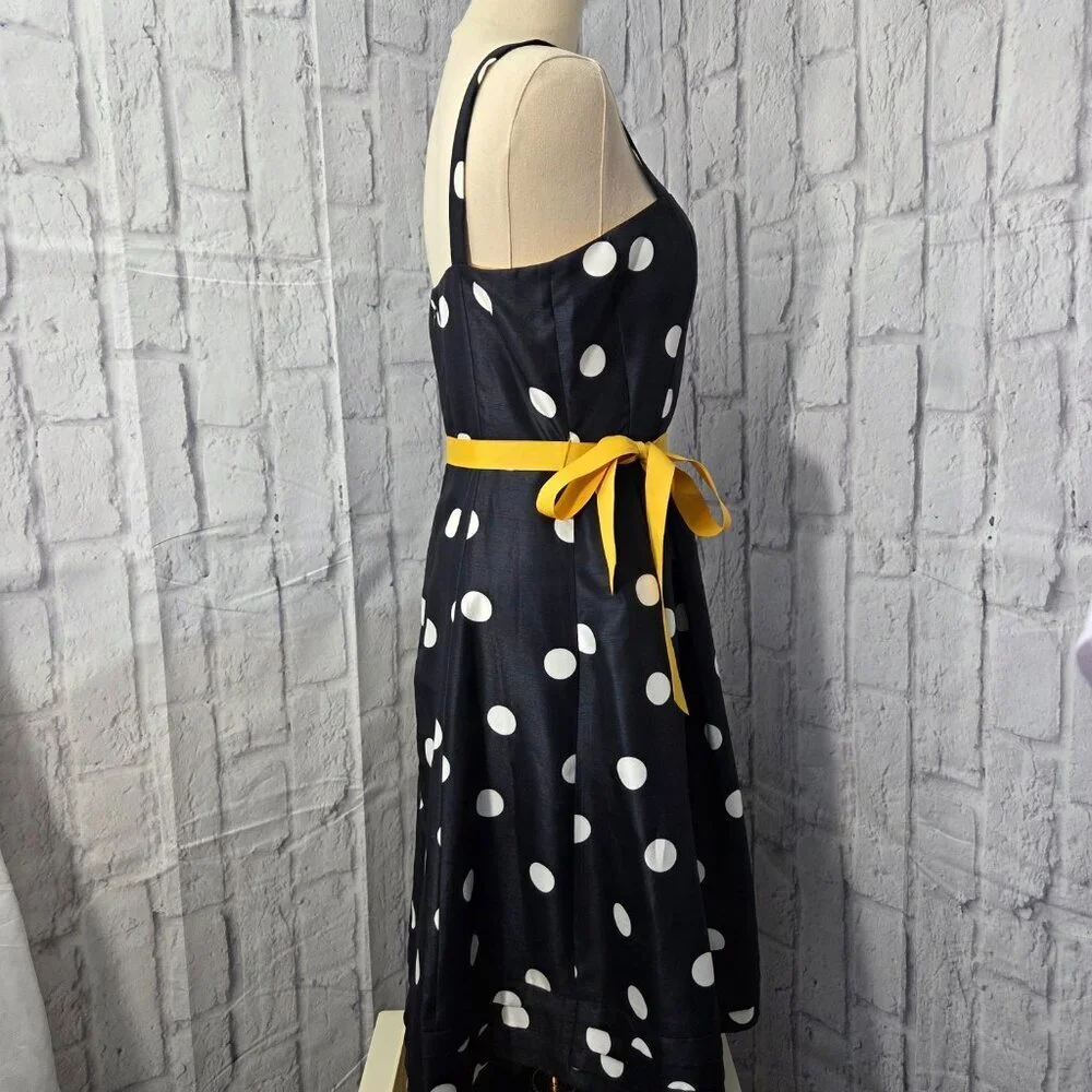 Jessica Howard Size 6 Navy White Polka Dot Yellow Bow Retro Sleeveless Dress